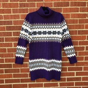 Womens XL purple white knit Sweater tunic turtleneck fair isle